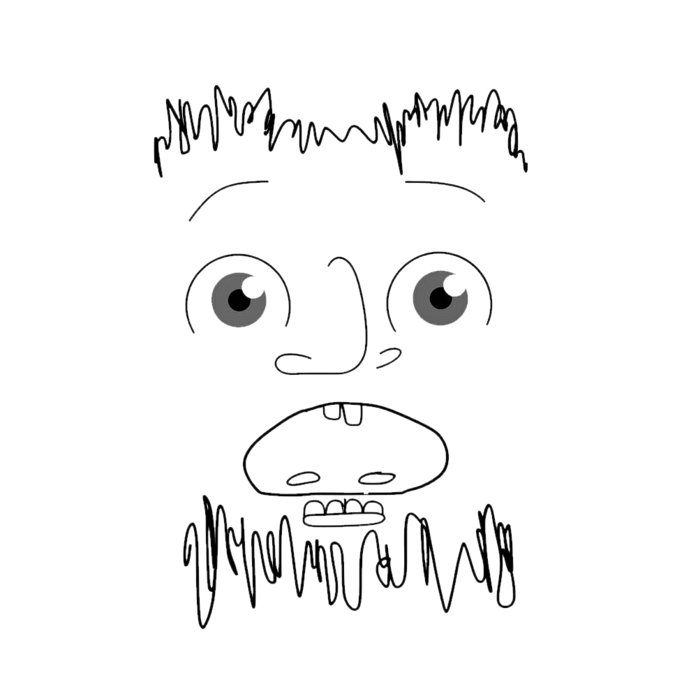 A bizarre sketch of a shocked expression with a raised unibrow, perfectly flat beard, bottom teeth sitting below and outside of a mouth with only two buck teeth, and eyes drawn in an entirely different style like a cheap cartoon.
